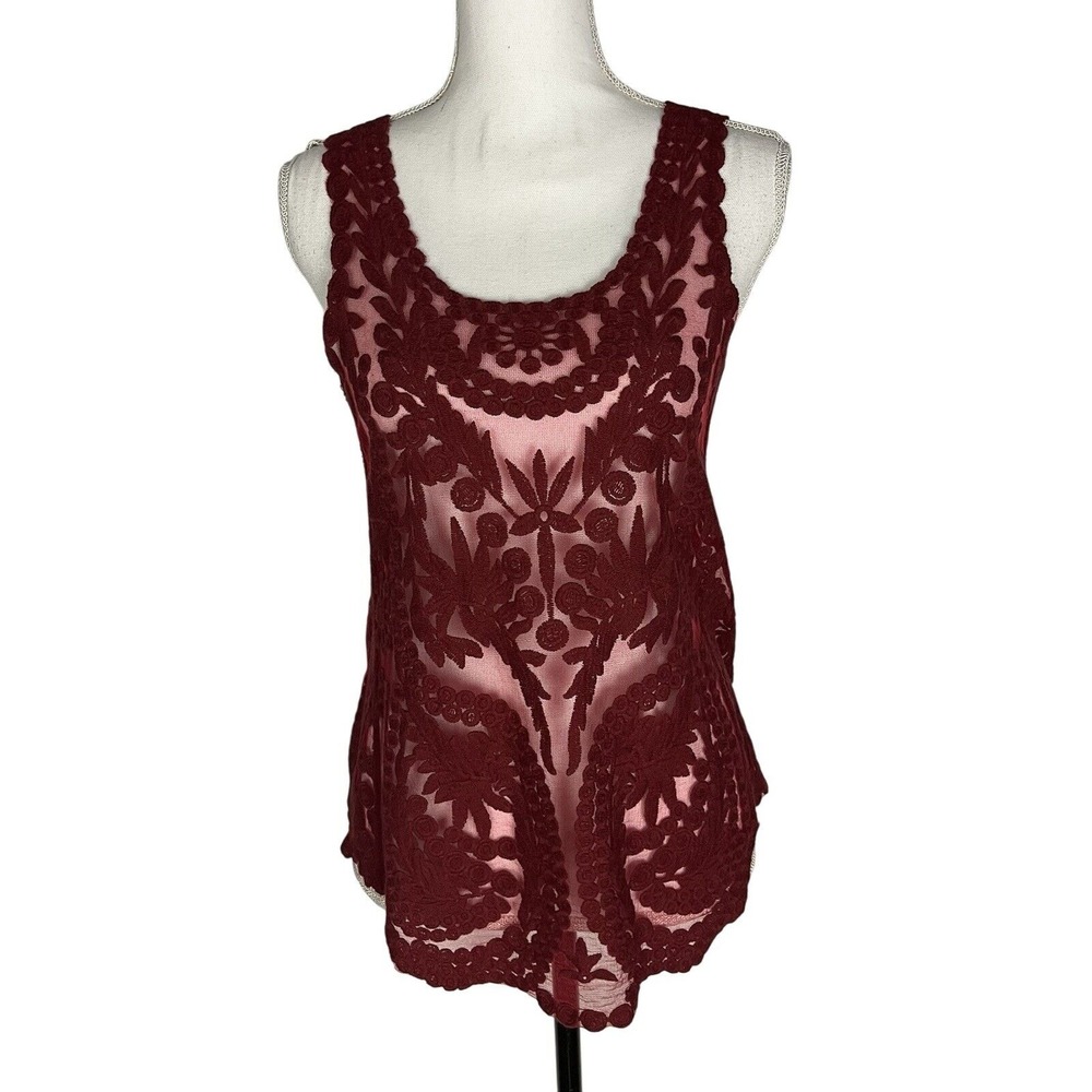 Painted Threads Size S Maroon Embroidered Floral Tank Top Cotton Blend‎